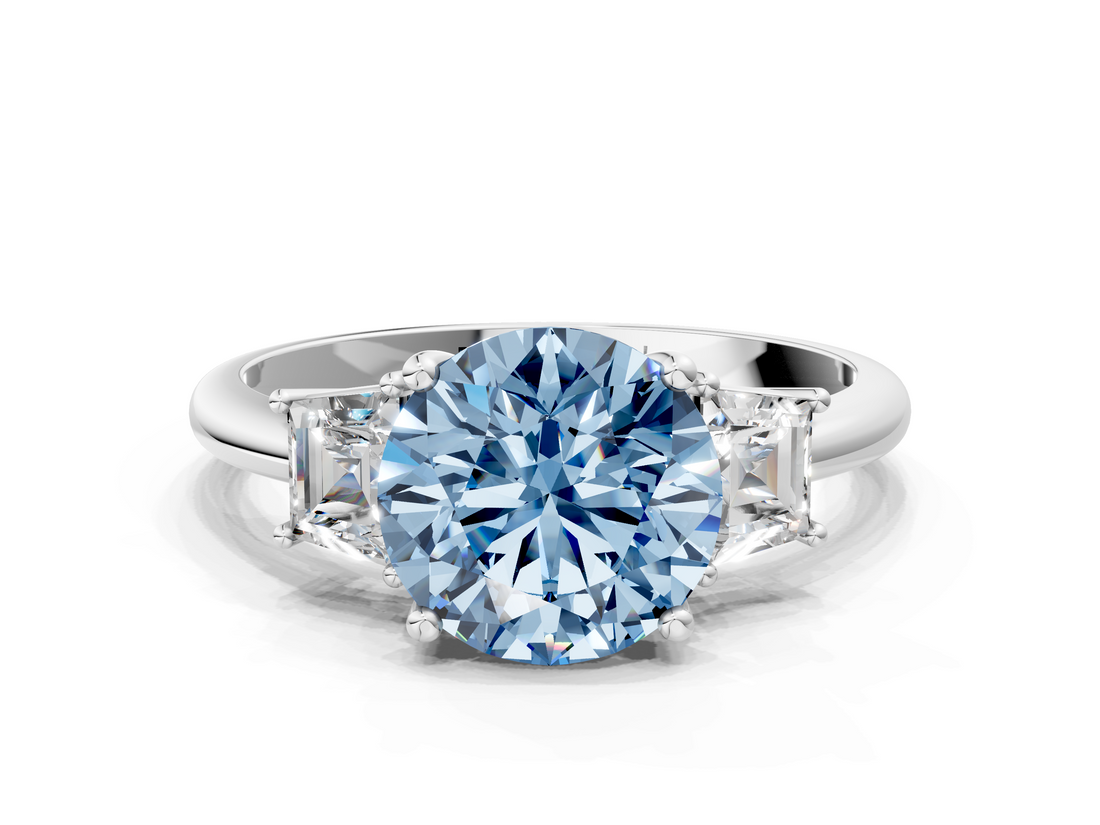 White gold Fancy Blue Round  Diamond Three-Stone Ring with Trapezoid Side Stones and Prong Setting_16