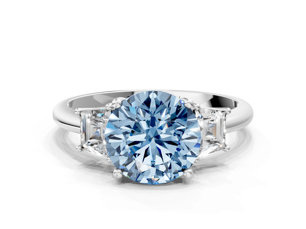 Platinum Fancy Blue Round  Diamond Three-Stone Ring with Trapezoid Side Stones and Prong Setting