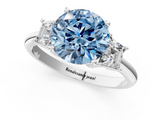White gold Fancy Blue Round  Diamond Three-Stone Ring with Trapezoid Side Stones and Prong Setting_17
