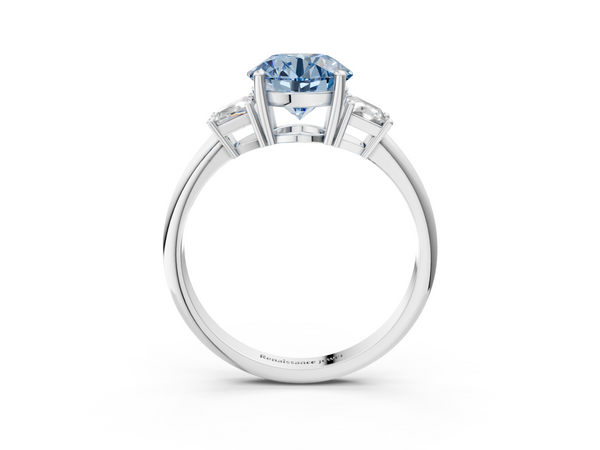Platinum Fancy Blue Round  Diamond Three-Stone Ring with Trapezoid Side Stones and Prong Setting