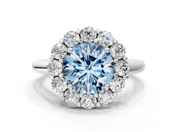 Platinum Fancy Blue Round  Halo Cluster Diamond Engagement Ring with Prong Setting and Polished Band