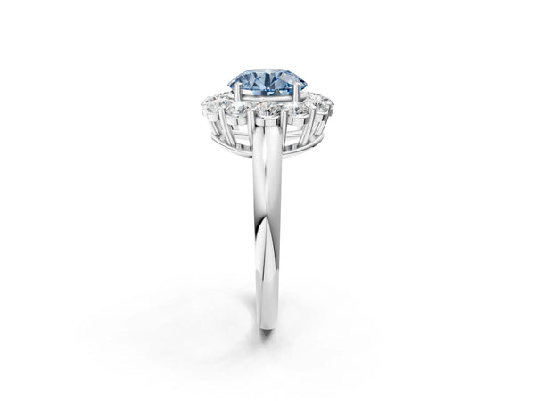 Platinum Fancy Blue Round  Halo Cluster Diamond Engagement Ring with Prong Setting and Polished Band