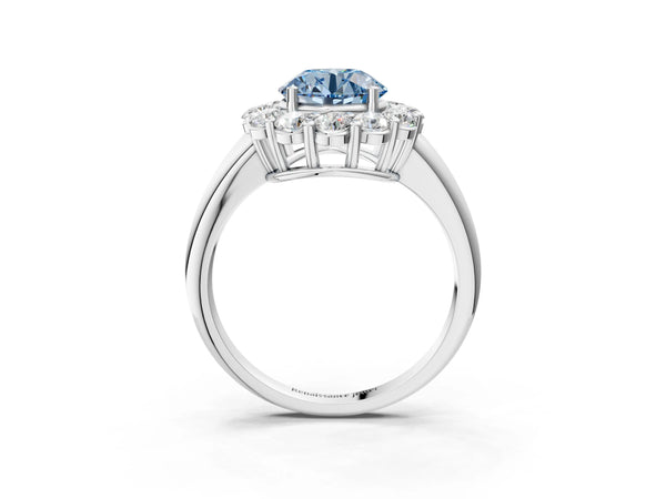 Platinum Fancy Blue Round  Halo Cluster Diamond Engagement Ring with Prong Setting and Polished Band