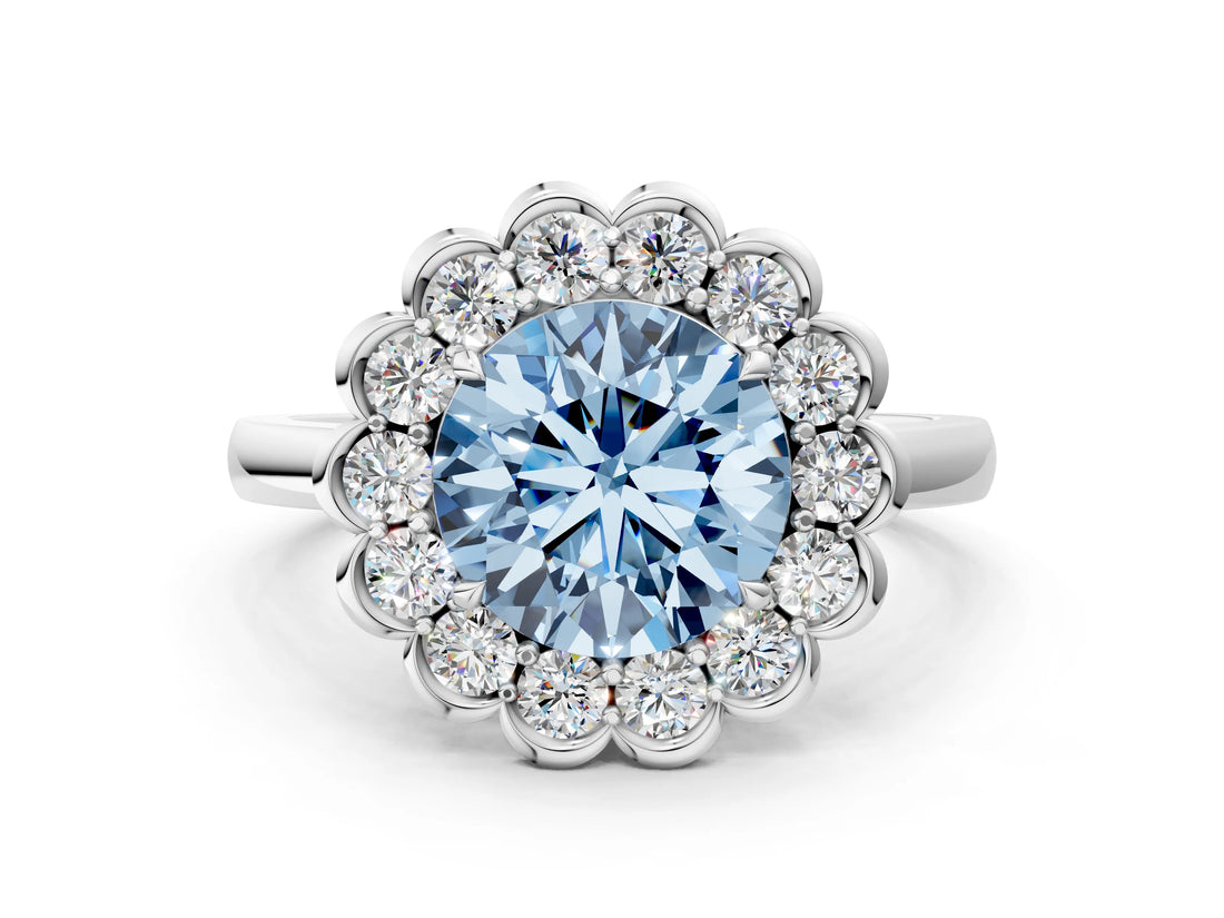 White gold Fancy Blue Round  Halo Cluster Diamond Engagement Ring with Solitaire Band and Prong Setting_49