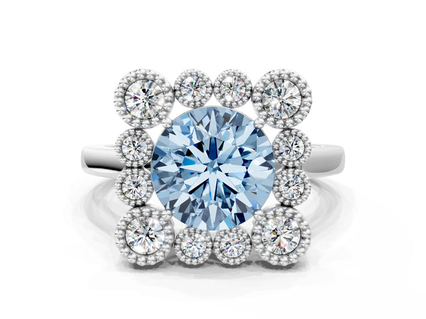 Platinum Fancy Blue Round  Halo Diamond Cluster Engagement Ring with Milgrain Bezel Setting and Solitaire Band