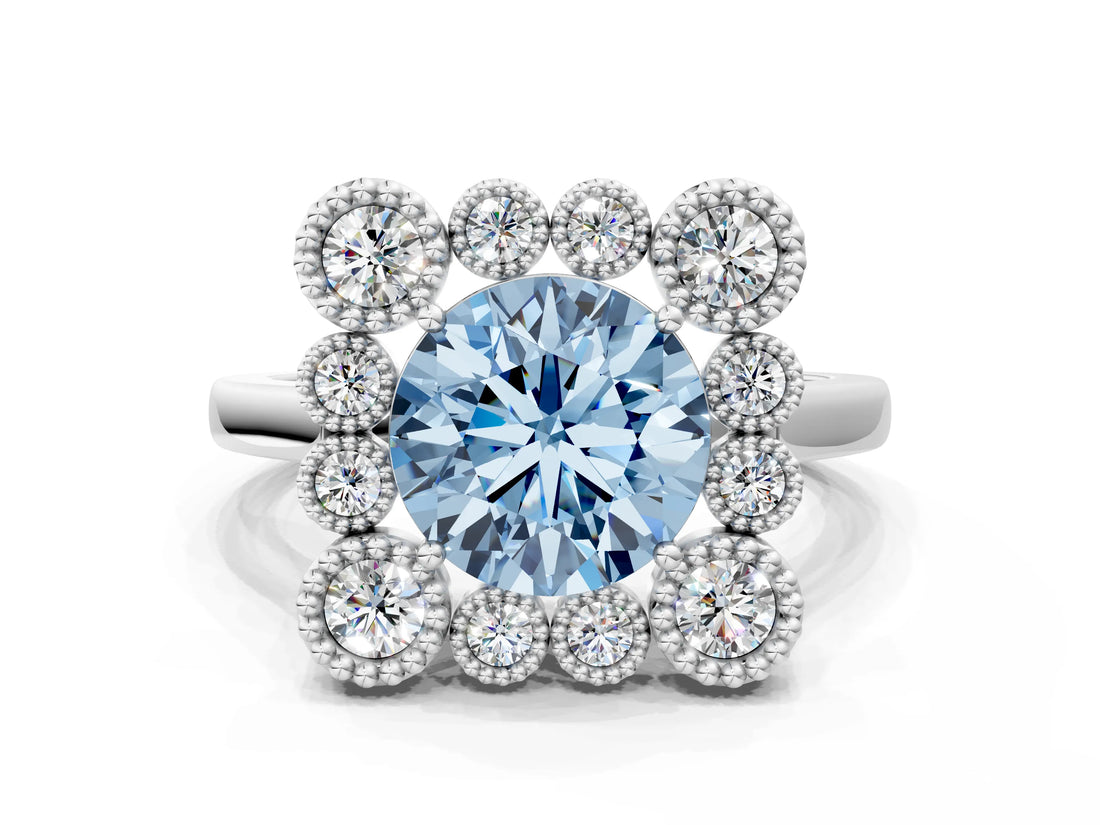 White gold Fancy Blue Round  Halo Diamond Cluster Engagement Ring with Milgrain Bezel Setting and Solitaire Band_87