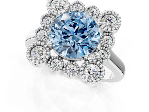 Platinum Fancy Blue Round  Halo Diamond Cluster Engagement Ring with Milgrain Bezel Setting and Solitaire Band