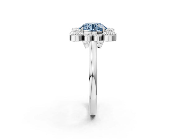 Platinum Fancy Blue Round  Halo Diamond Cluster Engagement Ring with Milgrain Bezel Setting and Solitaire Band