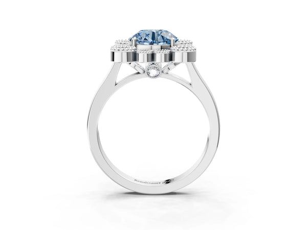 Platinum Fancy Blue Round  Halo Diamond Cluster Engagement Ring with Milgrain Bezel Setting and Solitaire Band