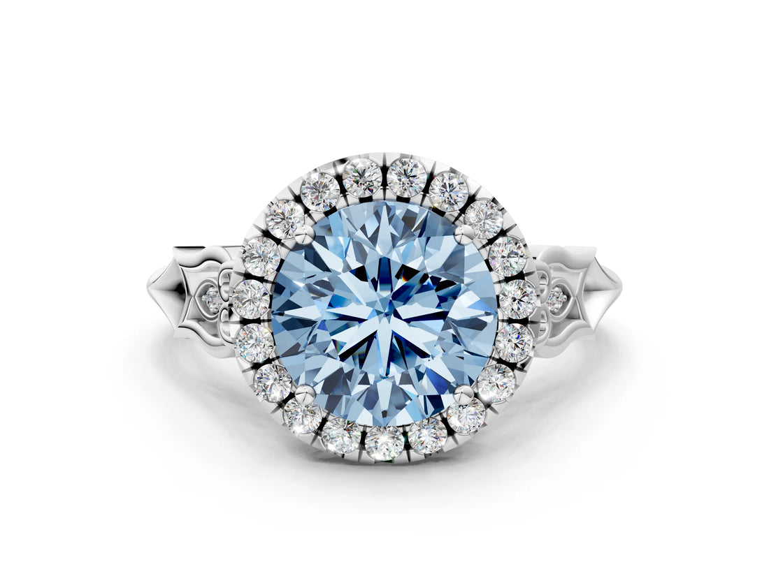 White gold Fancy Blue Round  Halo Diamond Engagement Ring with Filigree Band and Four-Prong Setting_135