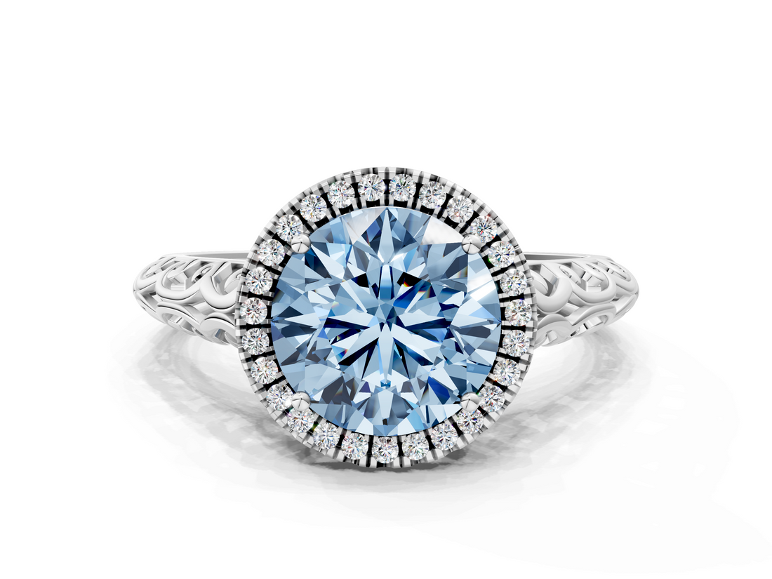 White gold Fancy Blue Round  Halo Diamond Engagement Ring with Intricate Filigree Band and Four-Prong Setting_36