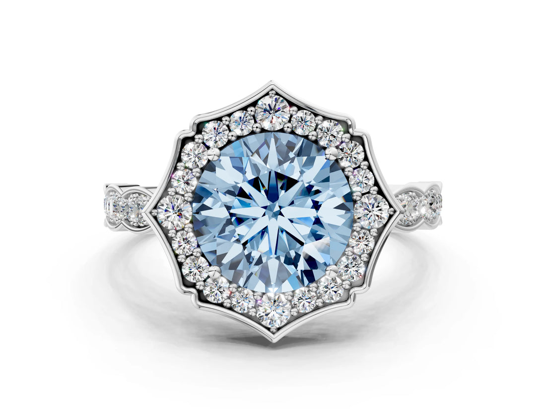White gold Fancy Blue Round  Halo Diamond Engagement Ring with Milgrain Band and Four-Prong Setting_65