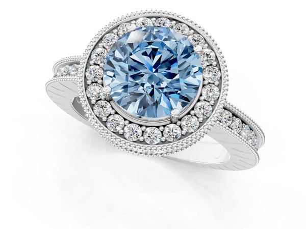 White gold Fancy Blue Round  Halo Diamond Engagement Ring with Milgrain Pave Band and Four-Prong Setting