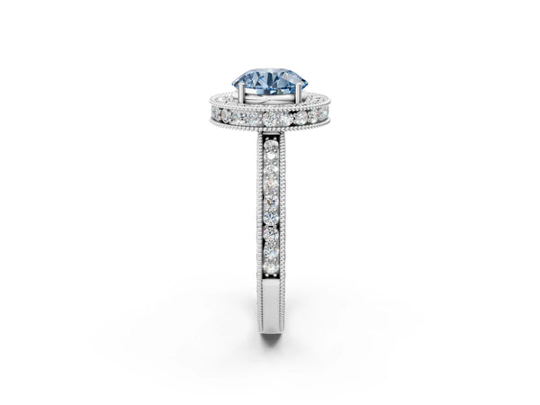 White gold Fancy Blue Round  Halo Diamond Engagement Ring with Milgrain Pave Band and Four-Prong Setting