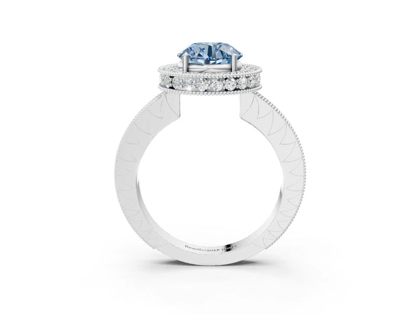White gold Fancy Blue Round  Halo Diamond Engagement Ring with Milgrain Pave Band and Four-Prong Setting