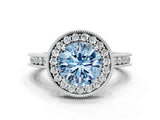 White gold Fancy Blue Round  Halo Diamond Engagement Ring with Milgrain Pave Band and Four-Prong Setting_198