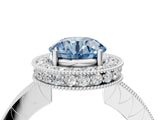 White gold Fancy Blue Round  Halo Diamond Engagement Ring with Milgrain Pave Band and Four-Prong Setting_202