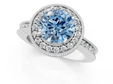 White gold Fancy Blue Round  Halo Diamond Engagement Ring with Milgrain Pave Band and Four-Prong Setting_203