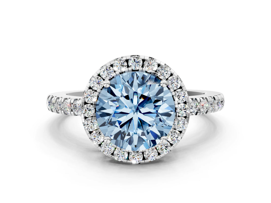 White gold Fancy Blue Round  Halo Diamond Engagement Ring with Pavé Band and Four-Prong Setting_111