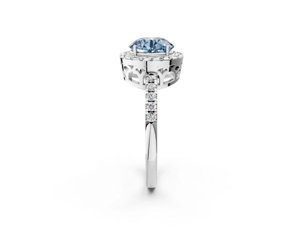 Platinum Fancy Blue Round  Halo Diamond Engagement Ring with Pavé Band and Four-Prong Setting