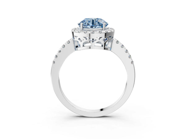 Platinum Fancy Blue Round  Halo Diamond Engagement Ring with Pavé Band and Four-Prong Setting