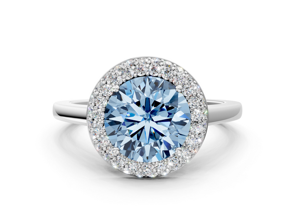 Platinum Fancy Blue Round  Halo Diamond Engagement Ring with Solitaire Band and Four-Prong Setting