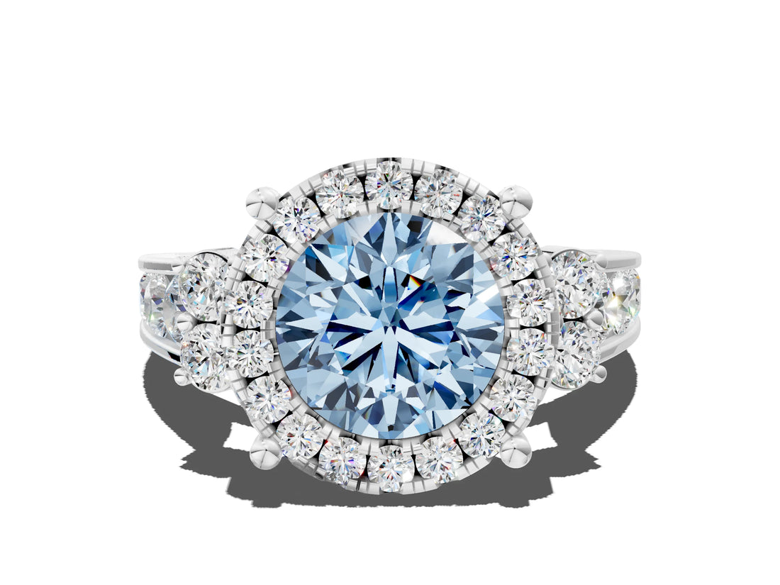 White gold Fancy Blue Round  Halo Diamond Engagement Ring with Split Shank and Four-Prong Setting_55