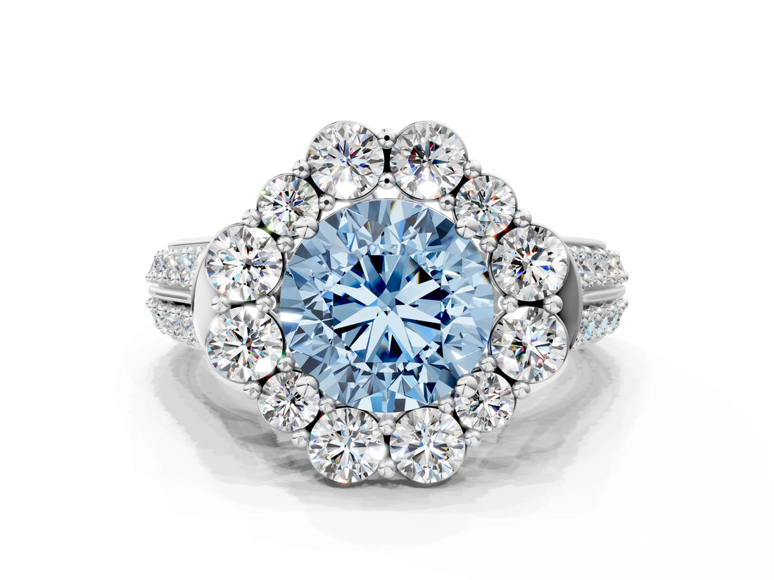 White gold Fancy Blue Round  Halo Diamond Engagement Ring with Split Shank and Prong Setting_121