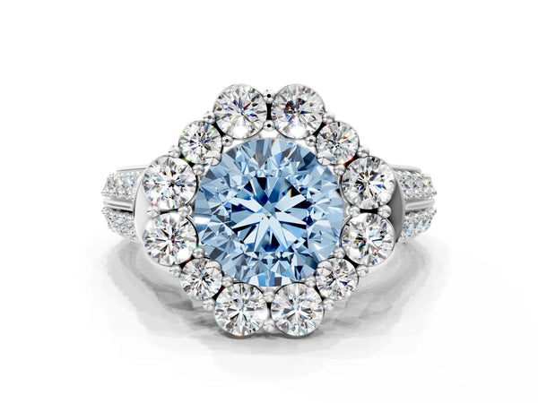 Platinum Fancy Blue Round  Halo Diamond Engagement Ring with Split Shank and Prong Setting