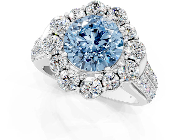 Platinum Fancy Blue Round  Halo Diamond Engagement Ring with Split Shank and Prong Setting