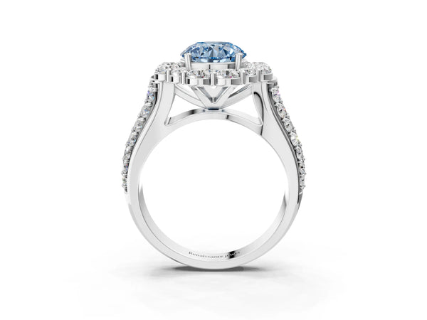 Platinum Fancy Blue Round  Halo Diamond Engagement Ring with Split Shank and Prong Setting