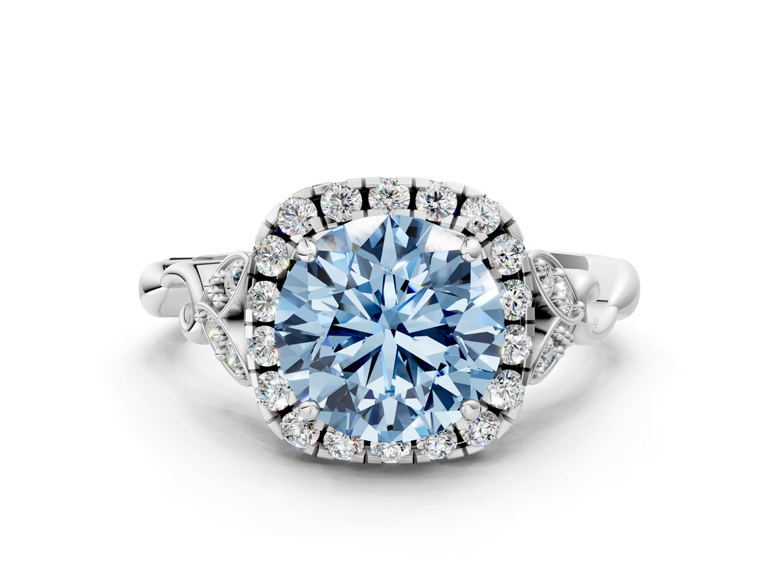 White gold Fancy Blue Round  Halo Diamond Engagement Ring with Vintage-Inspired Band and Four-Prong Setting_3