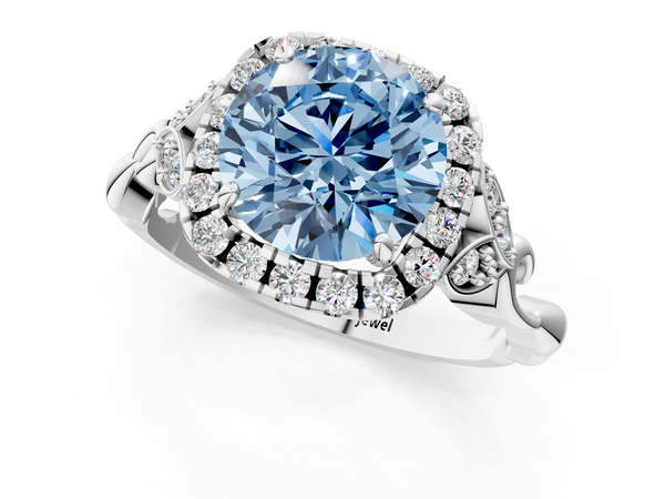 White gold Fancy Blue Round  Halo Diamond Engagement Ring with Vintage-Inspired Band and Four-Prong Setting