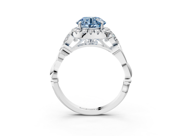 White gold Fancy Blue Round  Halo Diamond Engagement Ring with Vintage-Inspired Band and Four-Prong Setting