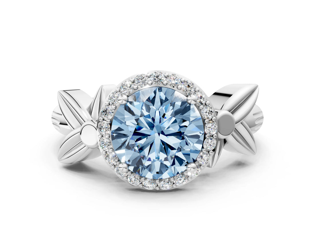 White gold Fancy Blue Round  Halo Diamond Floral Band with Four-Prong Setting_53