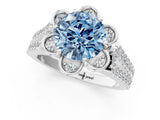 White gold Fancy Blue Round  Halo Diamond Floral Split Shank Engagement Ring 1