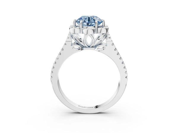 White gold Fancy Blue Round  Halo Diamond Floral Split Shank Engagement Ring