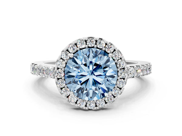 Platinum Fancy Blue Round  Halo Diamond Pavé Solitaire Ring