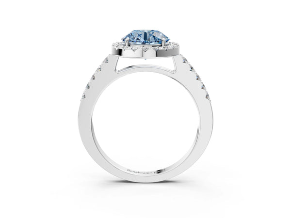 Platinum Fancy Blue Round  Halo Diamond Pavé Solitaire Ring