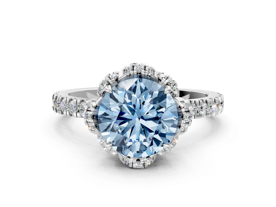 White gold Fancy Blue Round  Halo Diamond Pave Band Ring with Four-Prong Setting_15