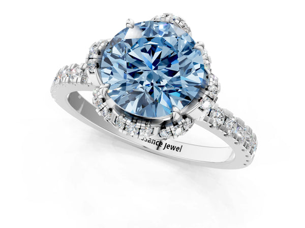White gold Fancy Blue Round  Halo Diamond Pave Band Ring with Four-Prong Setting