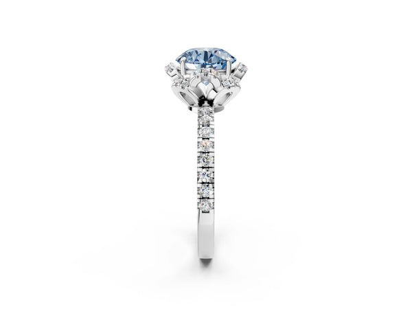 White gold Fancy Blue Round  Halo Diamond Pave Band Ring with Four-Prong Setting