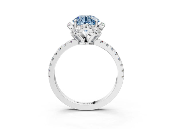 White gold Fancy Blue Round  Halo Diamond Pave Band Ring with Four-Prong Setting