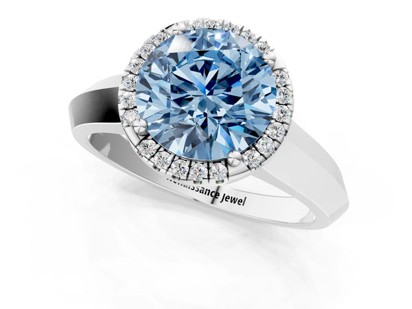 White gold Fancy Blue Round  Halo Diamond Ring with Cathedral Band and Four-Prong Setting