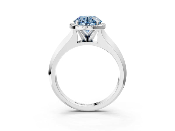 White gold Fancy Blue Round  Halo Diamond Ring with Cathedral Band and Four-Prong Setting