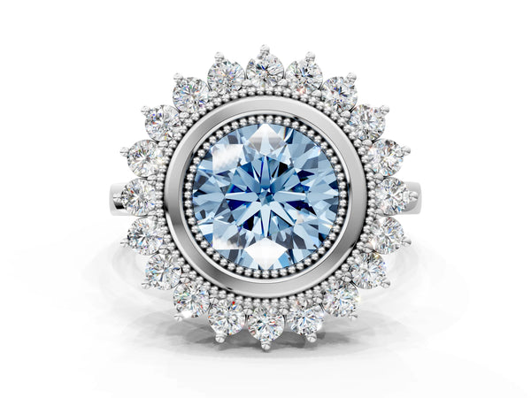 White Gold Round Milgrain Bezel Halo Engagement Ring Setting for Fancy Blue Center