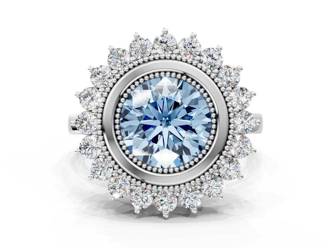 White gold Fancy Blue Round  Halo Diamond Ring with Milgrain Edge and Round Prong Setting_38