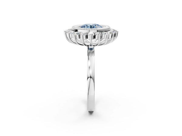 White Gold Round Milgrain Bezel Halo Engagement Ring Setting for Fancy Blue Center