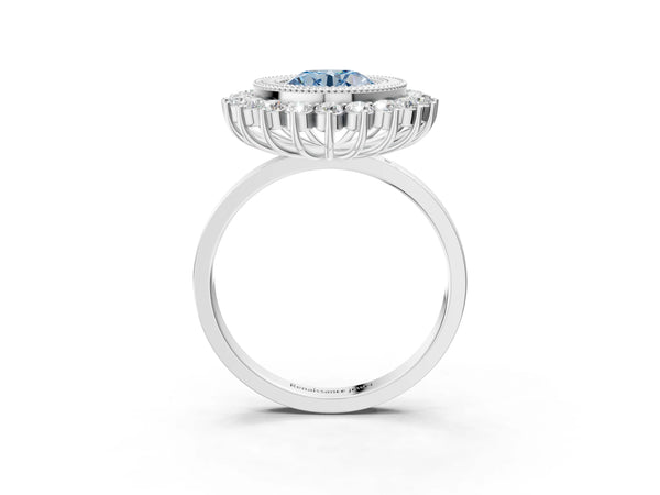 White Gold Round Milgrain Bezel Halo Engagement Ring Setting for Fancy Blue Center
