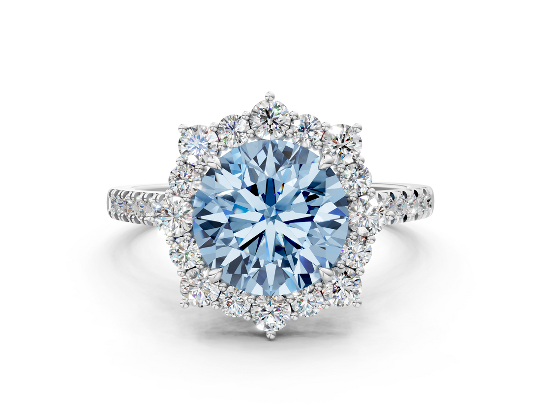 White gold Fancy Blue Round  Halo Diamond Ring with Pavé Band and Prong Setting_37